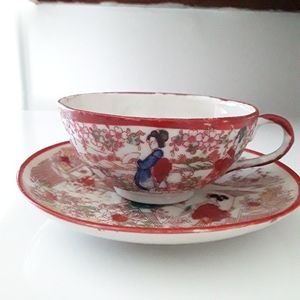Vintage Japanese Geisha Girls Handpainted Porcelain Teacup & Saucer Set
